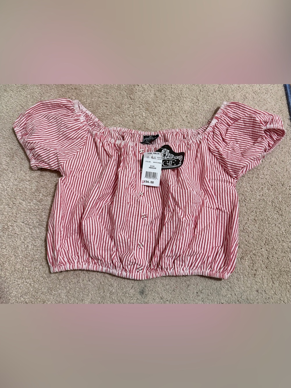 NWT. Von Maur Red and White Striped Off-Shoulder Crop Top
